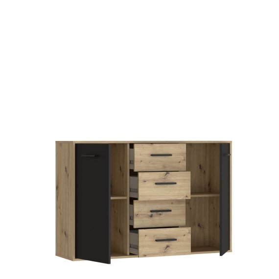 Komoda Anta so šuplíkmi, čierna a dub artisan, otvorená
