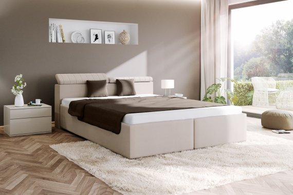Dvojlôžko Ardea v rozmere 180x200 cm, v poťahu Amore 25 Beige, s prikrývkou a vankúšom v poťahu Amore 30, interiér 