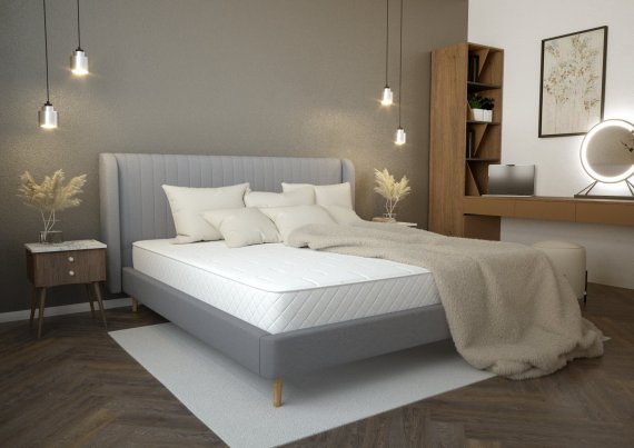 Dvojlôžko Rena v rozmere 180x200 cm, v šedom poťahu, interiér