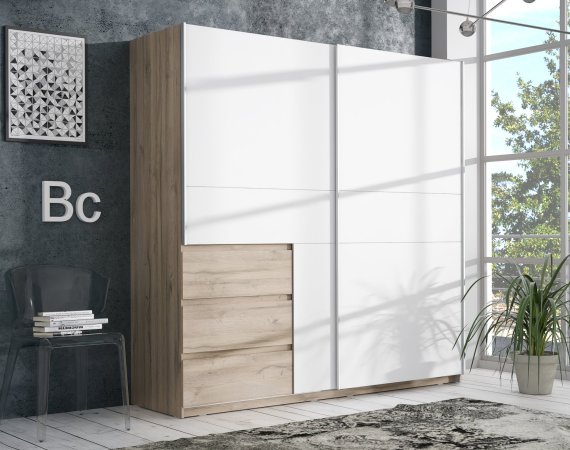 Šatníková skriňa Koya, biela, bielený dub, interiér