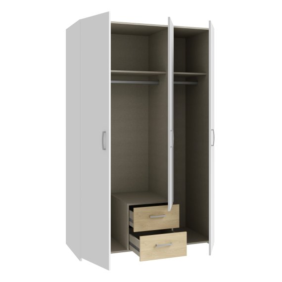 Šatníková skriňa Ekon, so zásuvkami, výška 190 cm, biela, dub sonoma, otvorená