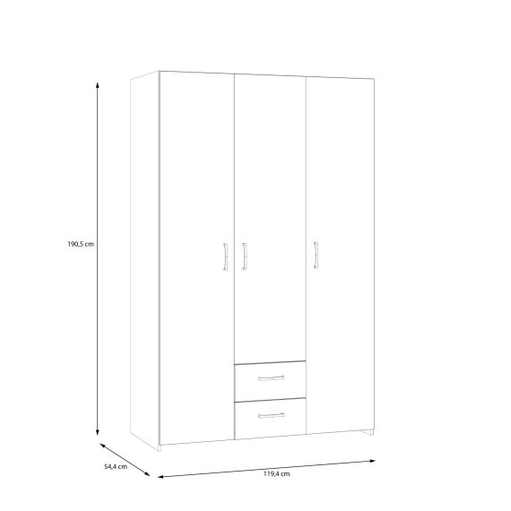 Šatníková skriňa Ekon, so zásuvkami, výška 190 cm, biela, dub sonoma, rozmery