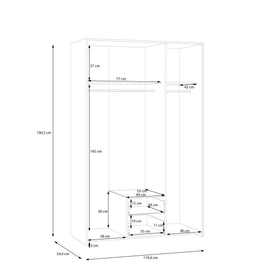 Šatníková skriňa Ekon, so zásuvkami, výška 190 cm, biela, dub sonoma, rozmery