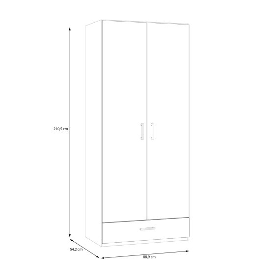 Šatníková skriňa Ekon, so zásuvkou, výška 210 cm, biela, rozmery