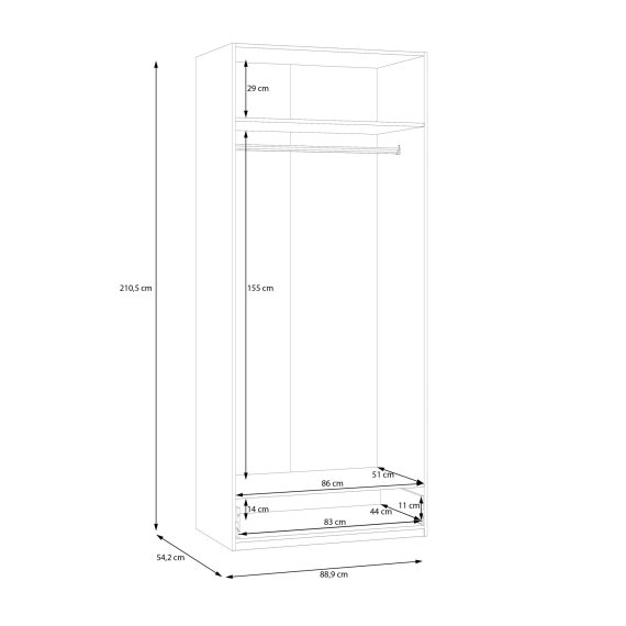 Šatníková skriňa Ekon, so zásuvkou, výška 210 cm, biela, rozmery