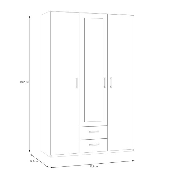 Šatníková skriňa Ekon, so zrkadlom a zásuvkami, výška 210 cm, biela, rozmery