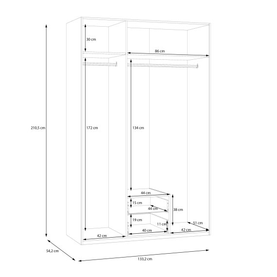 Šatníková skriňa Ekon, so zrkadlom a zásuvkami, výška 210 cm, biela, rozmery