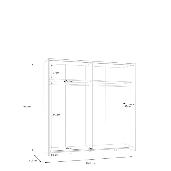 Šatníková skriňa Salk so zrkadlom 190 cm, biela, rozmery