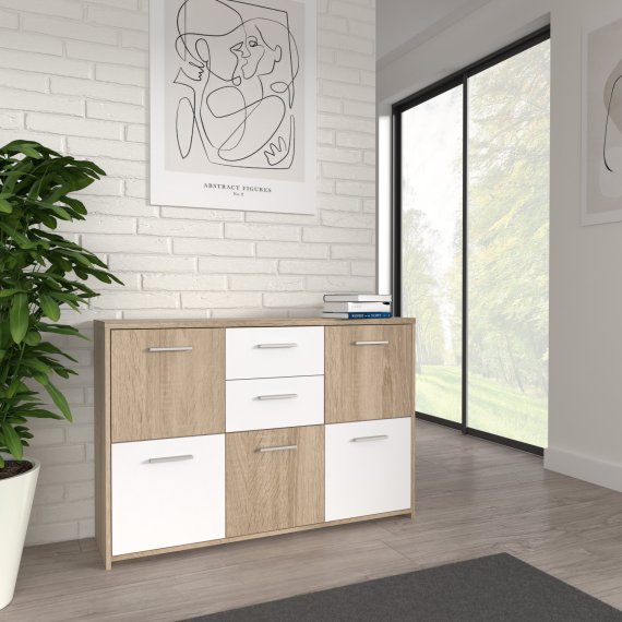 Komoda Kvad, 114x78 cm, biela a dub sonoma, interiér
