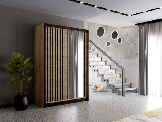 Šatníková skriňa Ladat s posuvnými dverami 150x215x61 cm, dub kraft a čierná, interiér