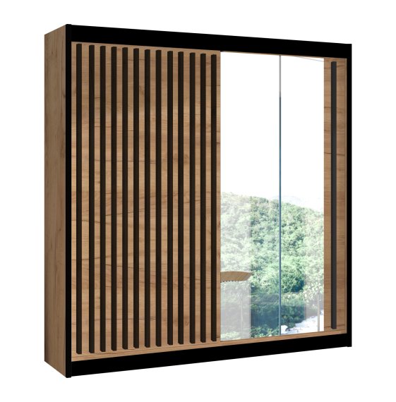 Šatníková skriňa Ladat s posuvnými dverami 203x215x61 cm, dub kraft a čierná