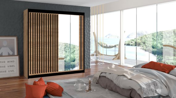 Šatníková skriňa Ladat s posuvnými dverami 203x215x61 cm, dub kraft a čierná, interiér