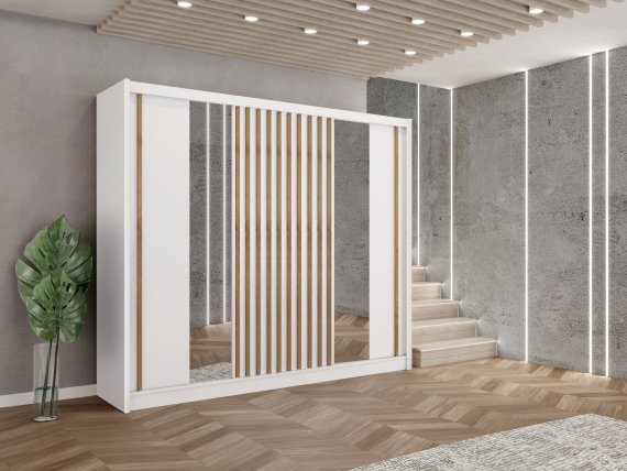 Šatníková skriňa Ladat s posuvnými dverami 250x215x61 cm, biela a dub kraft, interiér