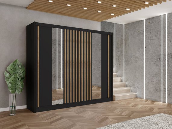 Šatníková skriňa Ladat s posuvnými dverami 250x215x61 cm, čierná a dub kraft, interiér