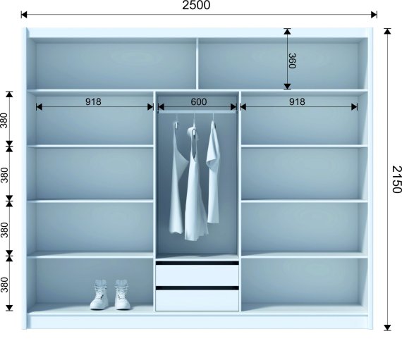 Šatníková skriňa Mulet s posuvnými dverami 250x215x61 cm, biela, rozmery