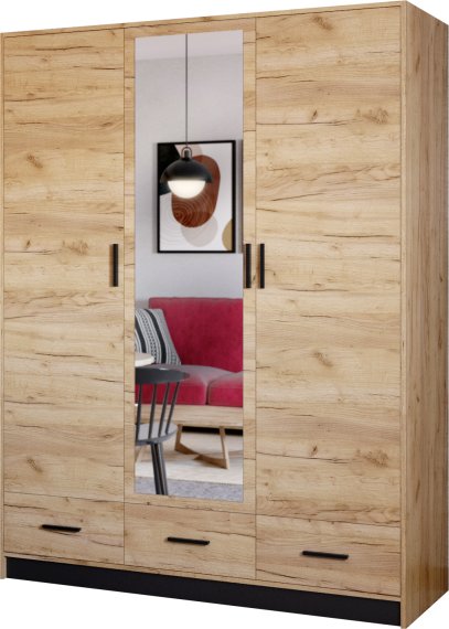 Šatníková skriňa Sovy so šuplíkmi a zrkadlom 150x200x58 cm, dub kraft a čierna