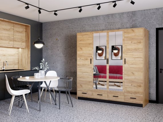 Šatníková skriňa Sovy so šuplíkmi a zrkadlom 200x200x58 cm, dub kraft a čierna, interiér