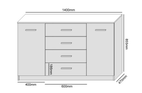 Komoda Arty 140x86x74 cm, biela a dub artisan, rozmery