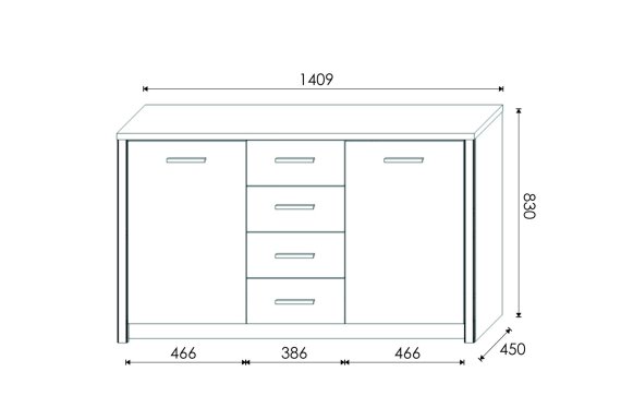 Komoda Oskol 140x83x45 cm, dub sonoma, rozmery