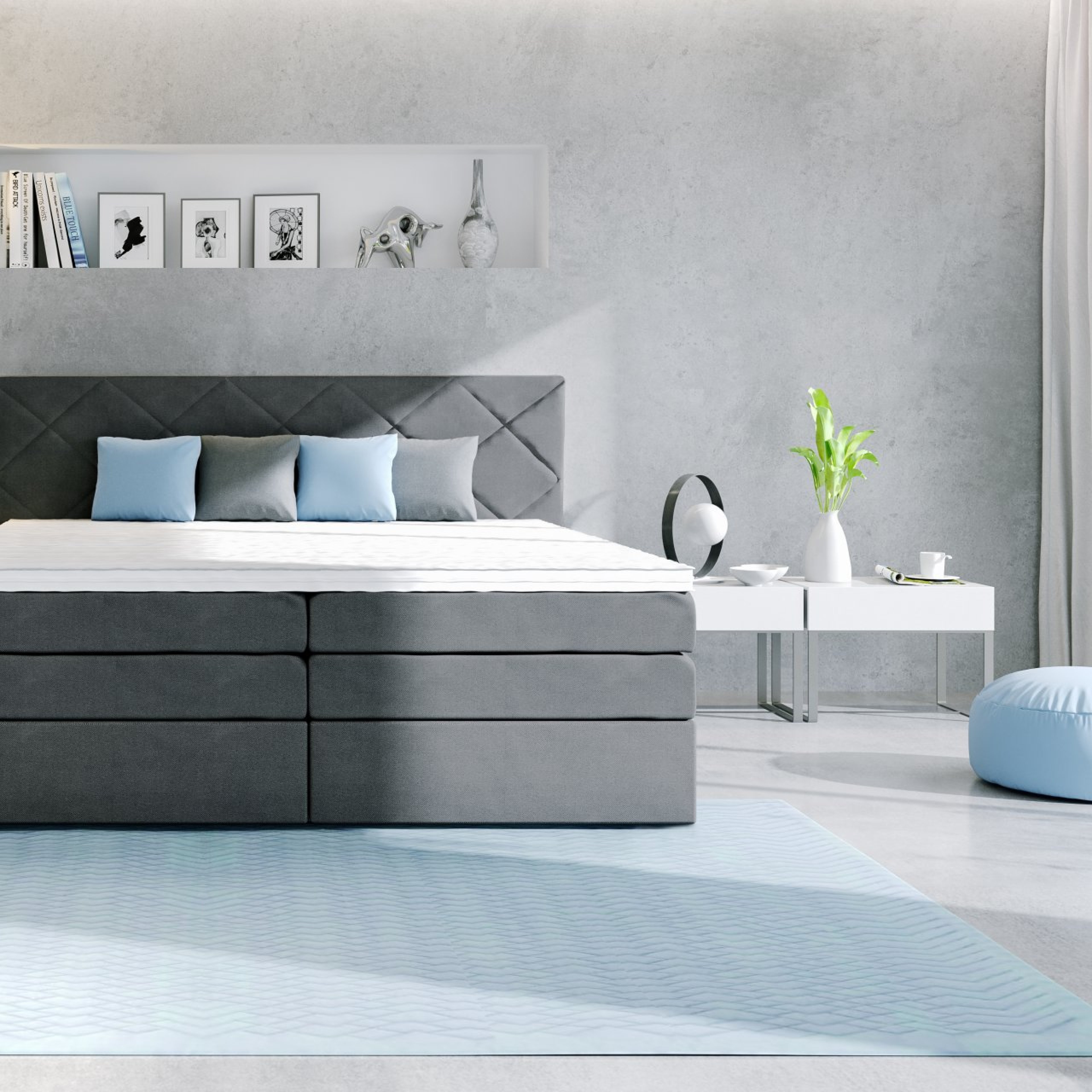 Boxspring Atika v rozměru 180x200 cm, v potahu Amore 32, s topperem, s polštářky, interiér