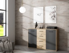 Komoda Anta so šuplíkmi, čierna a dub artisan, interiér