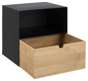 Nočný stolík Jalor so šuplíkom, čierny a bambus, otvorený