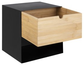 Nočný stolík Jalor so šuplíkom, čierny a bambus, otvorený
