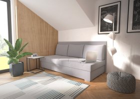 Válenda Riga v rozmere 90x200 cm, v poťahu Crown 17 Grey, bočné čelo vrátane vankúšov, interiér