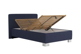 Jednolôžko Sendy v rozmere 120x200 cm, v poťahu Milano 3920 Nav, ukážka polohovania hlavy a úložného priestoru