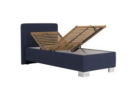 Jednolôžko Sendy v rozmere 90x200 cm, v poťahu Milano 3920 Nav, ukážka polohovania hlavy a úložného priestoru