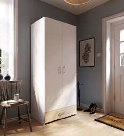 Šatníková skriňa Ekon, so zásuvkou, výška 190 cm, biela, dub sonoma, interiér