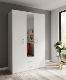 Šatníková skriňa Ekon, so zrkadlom a zásuvkami, výška 210 cm, biela, interiér