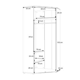 Rohová šatníková skriňa Emar, biela a sivá, rozmery