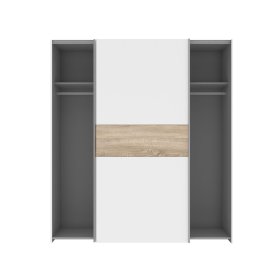 Šatníková skriňa Lonas s posuvnými dverami, biela a dub sonoma, otvorená