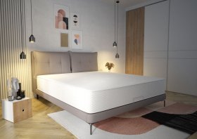 Dvojlôžko Monia v rozmere 180x200 cm, v béžovej eco koži, interiér