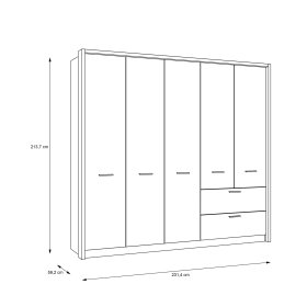 Šatníková skriňa Fred, biela a dubová, rozmery