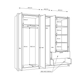 Šatníková skriňa Fred, biela a dubová, rozmery