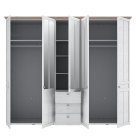 Šatníková skriňa Ilsa so zásuvkami a zrkadlom, veľká, biely a bielený dub, otvorená