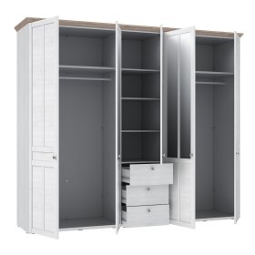 Šatníková skriňa Ilsa so zásuvkami a zrkadlom, veľká, biely a bielený dub, otvorená