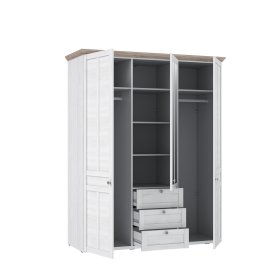 Šatníková skriňa Ilsa so zásuvkami a zrkadlom, biely a bielený dub, otvorená