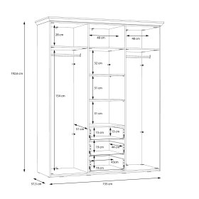 Šatníková skriňa Ilsa so zásuvkami a zrkadlom, biely a bielený dub, rozmery