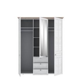 Šatníková skriňa Ilsa so zásuvkami a zrkadlom, biely a bielený dub, otvorená