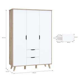 Šatníková skriňa Vaur so zásuvkami 139x202 cm, biela a dub sonoma, rozmery