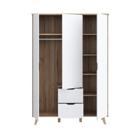 Šatníková skriňa Vaur so zásuvkami 139x202 cm, biela a dub sonoma, otvorená