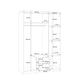 Šatníková skriňa Nipo so zásuvkami a zrkadlom 122x185x53 cm, dub sonoma, rozmery