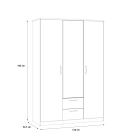 Šatníková skriňa Nipo so zásuvkami a zrkadlom 122x185x53 cm, dub sonoma, rozmery