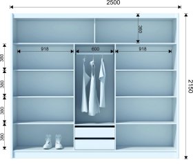 Šatníková skriňa Ladat s posuvnými dverami 250x215x61 cm, biela a dub kraft, rozmery