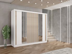 Šatníková skriňa Ladat s posuvnými dverami 250x215x61 cm, biela a dub kraft, interiér