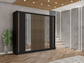 Šatníková skriňa Ladat s posuvnými dverami 250x215x61 cm, čierná a dub kraft, interiér