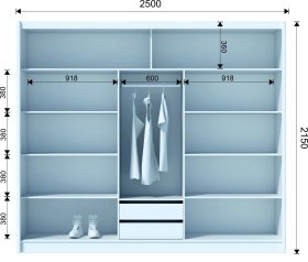 Šatníková skriňa Oskol s posuvnými dverami 250x215x61 cm, dub wotan, rozmery